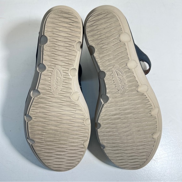 Clarks Reedly Salene Wedge Sandals Women's 9.5 Dark Navy Blue Leather Peep Toe - Picture 7 of 9